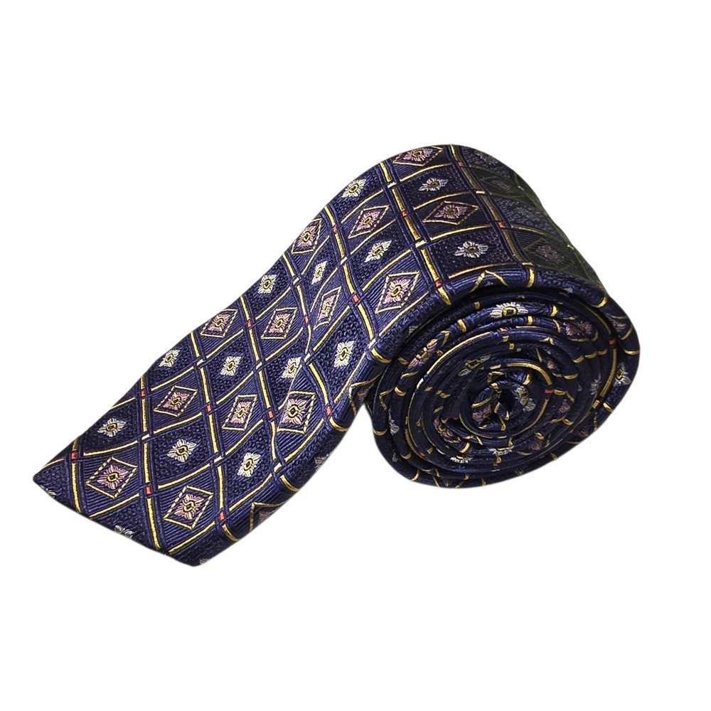 Robert Talbott Tie‎ Best Of Class Hand Sewn 100% Silk Blue Gold Geometric LONG